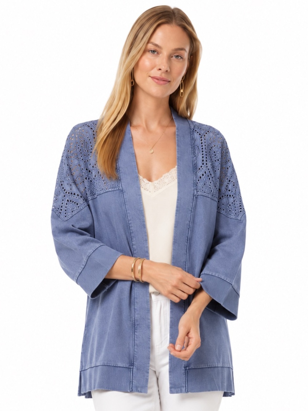 Soft Surroundings Nightingale Topper 2X Turkish Tile Blue Eyelet Cardigan Kimono